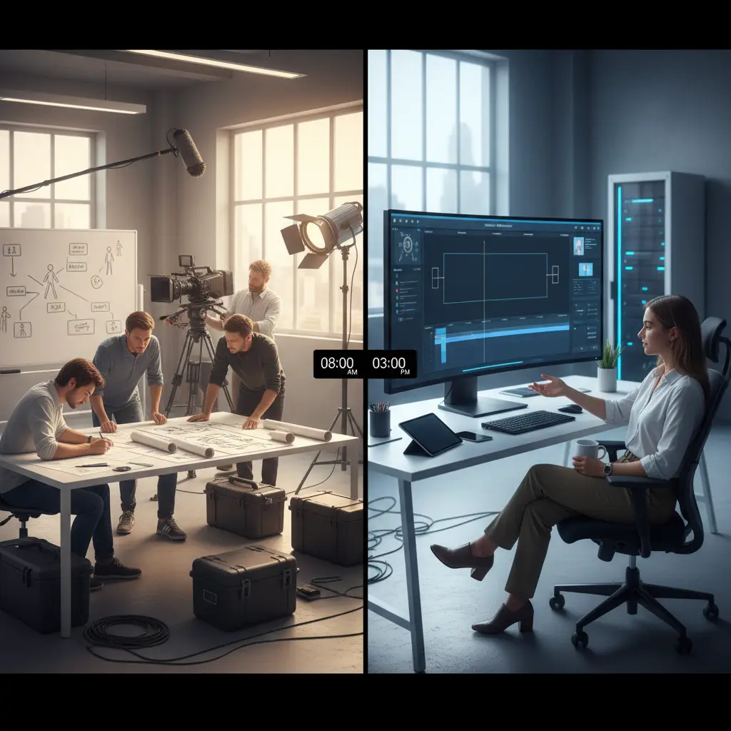 Timeline comparison showing traditional video production taking weeks versus AI video production taking days