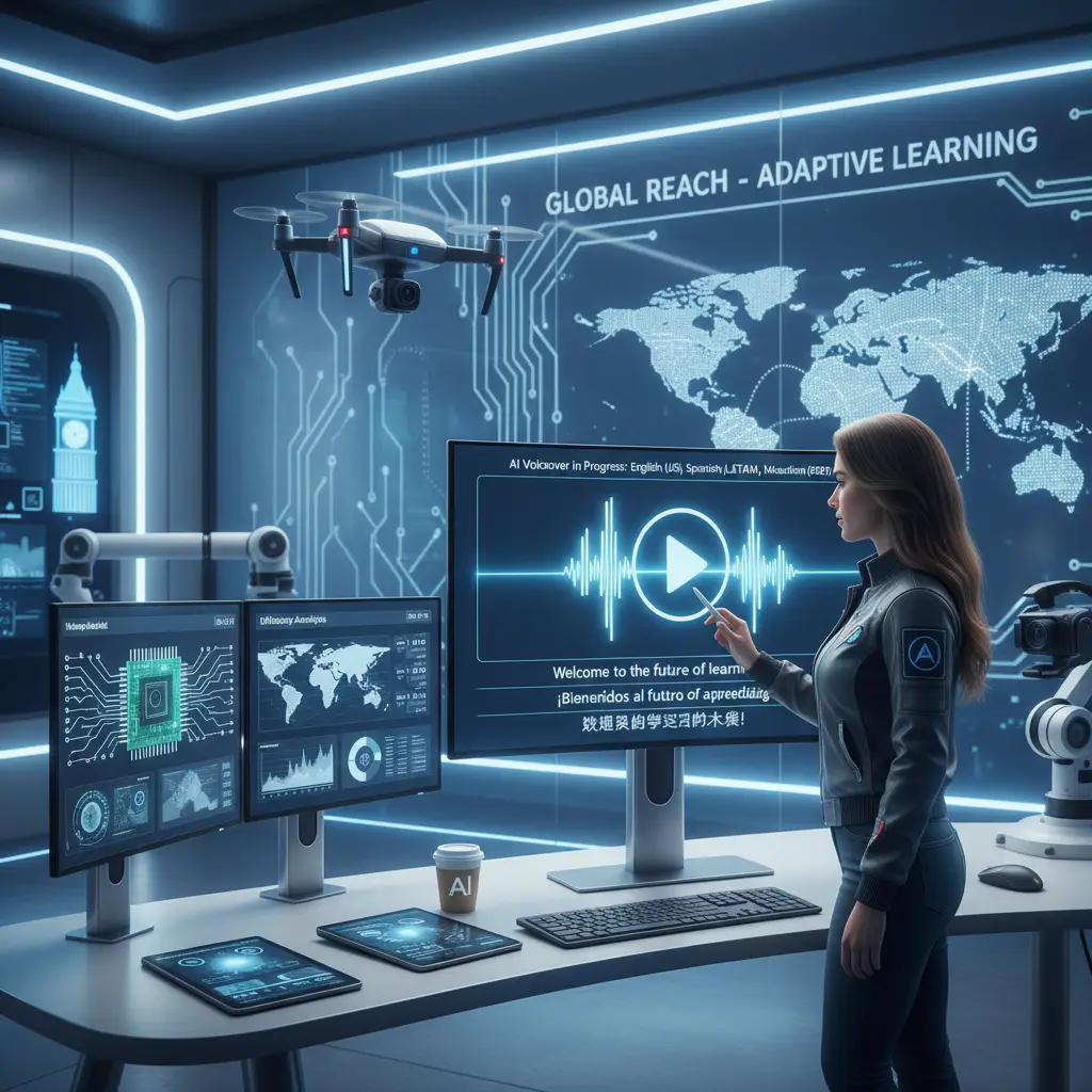 Instructor recording a training video with on-screen captions and multilingual options