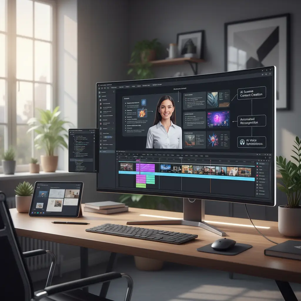 Training video editor showing an AI avatar presenter alongside slides, text callouts, and a timeline