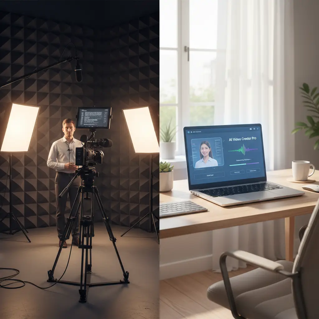 Side-by-side comparison showing traditional video production setup with camera and lights versus a laptop with AI video creation software