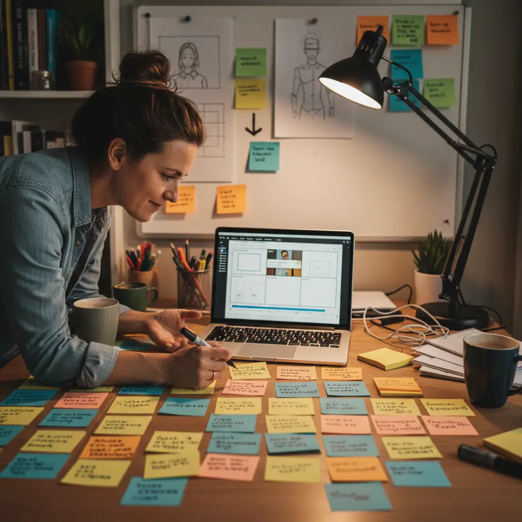 Instructional designer storyboarding a training video with sticky notes and a laptop