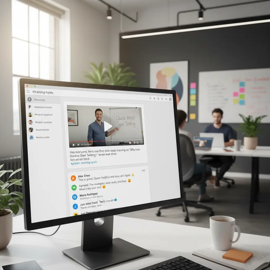 Slack channel with a bite-sized training video posted alongside context and a discussion thread