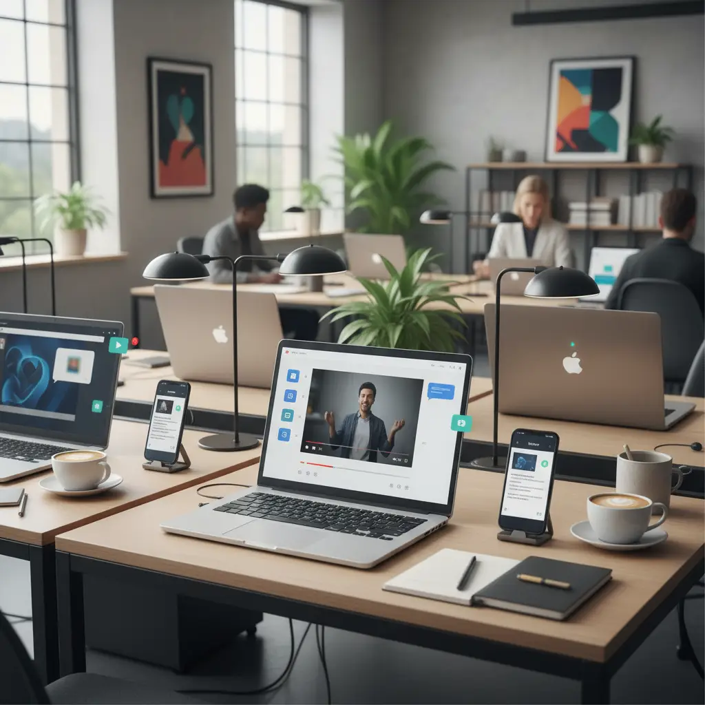 Diagram showing training video distribution flow from creation to Slack, Teams, email, and LMS channels