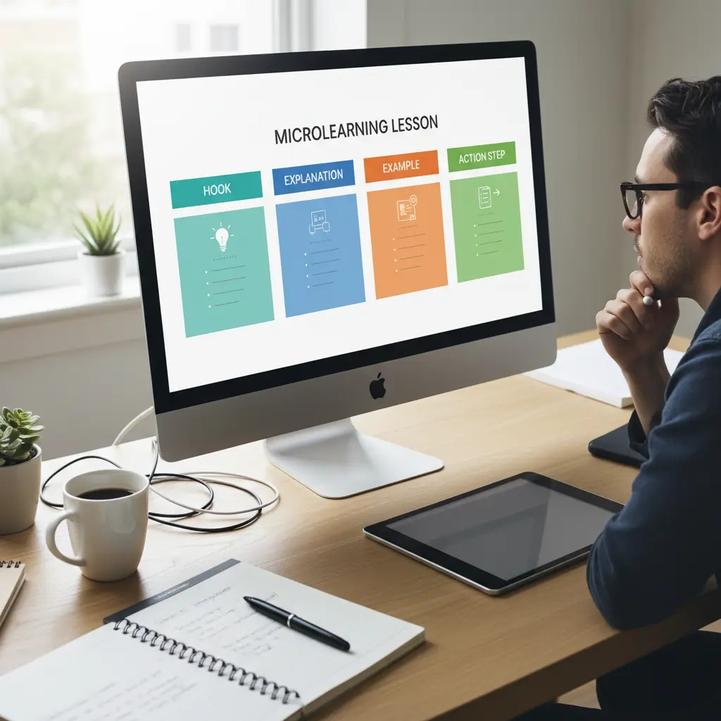 Storyboard timeline showing a 5-minute microlearning lesson split into hook, explanation, example, and action step