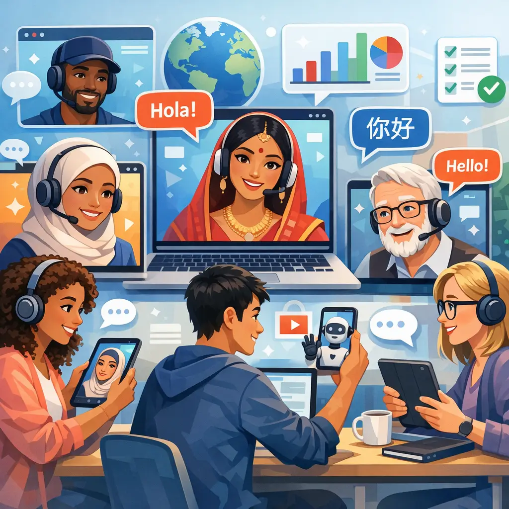 Illustration of diverse AI avatars guiding learners across devices, symbolizing multilingual, inclusive training experiences