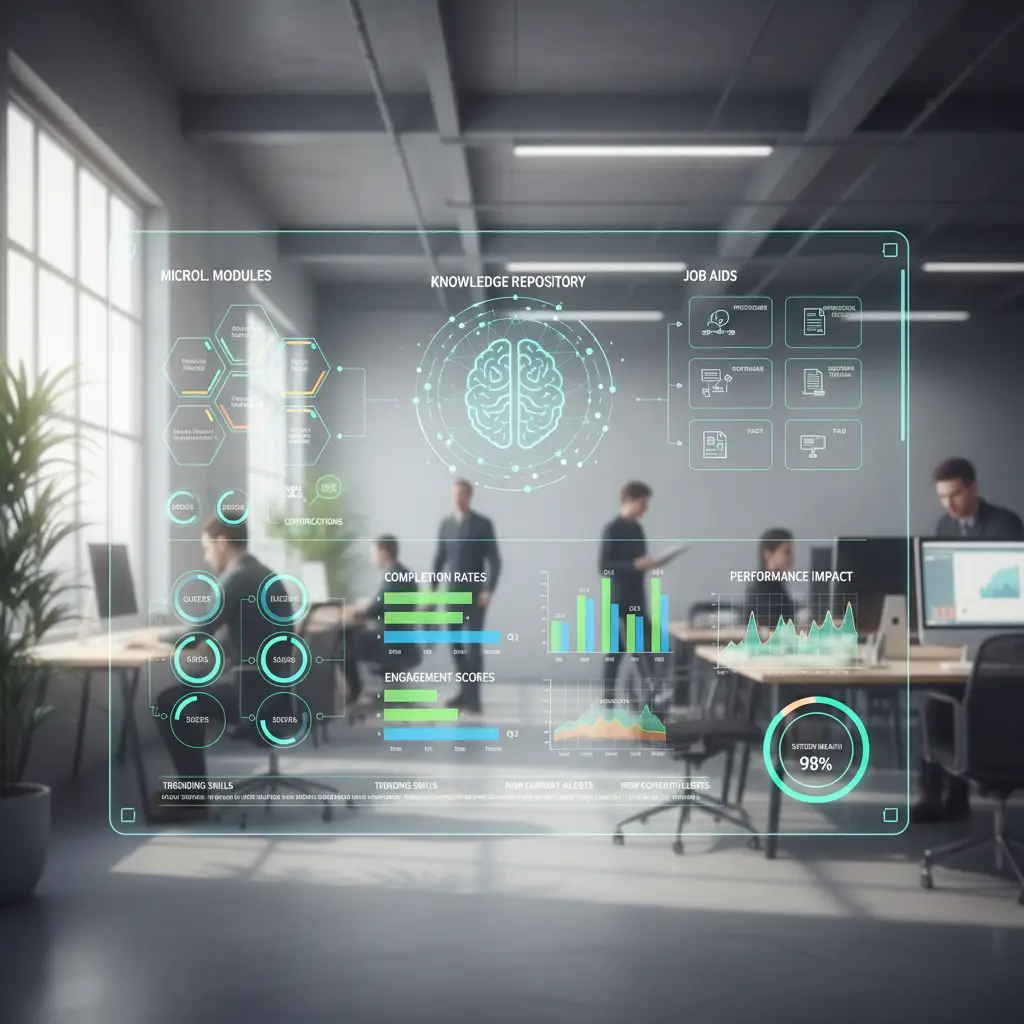 Learning operations dashboard connecting microlearning modules with linked job aids and performance metrics