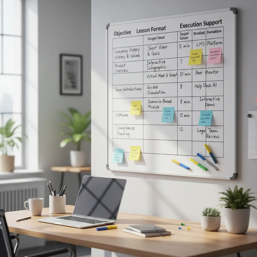 Onboarding matrix on a planning board with objectives, durations, and support assets