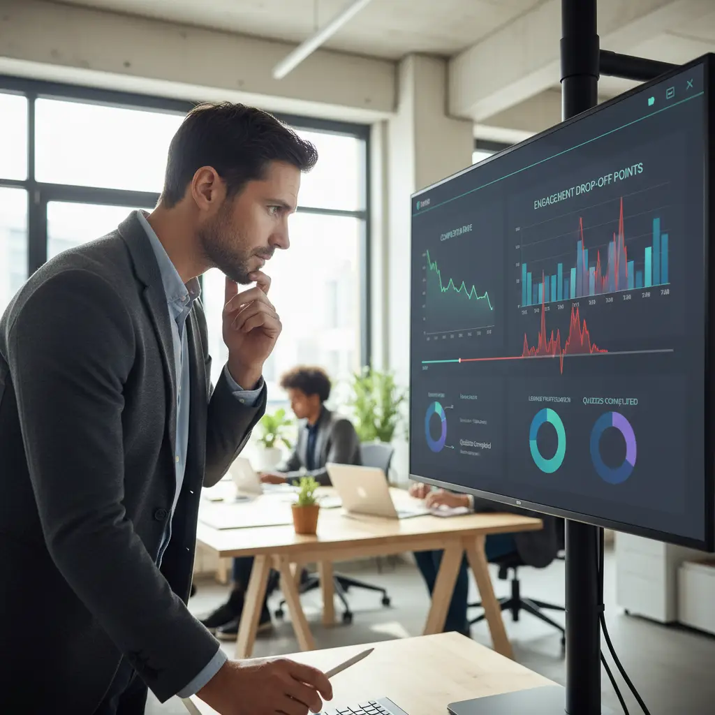 Trainer reviewing video analytics on a dashboard showing completion rates and engagement drop-off points