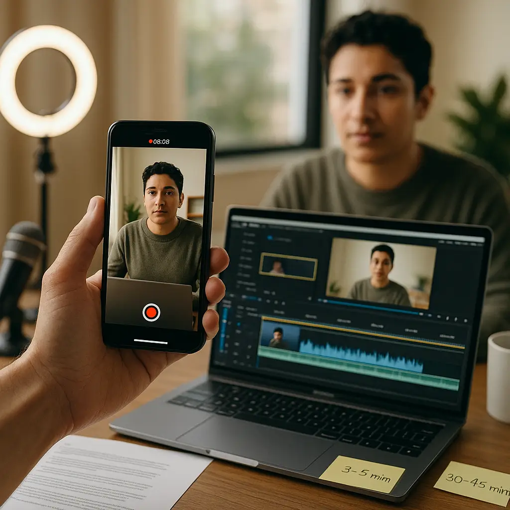 Instructor recording a short lesson on a smartphone, editing timeline on a laptop