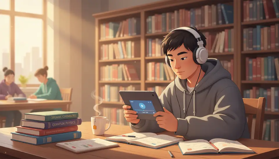 Student studying with a laptop and short video lessons on screen, surrounded by textbooks and notes