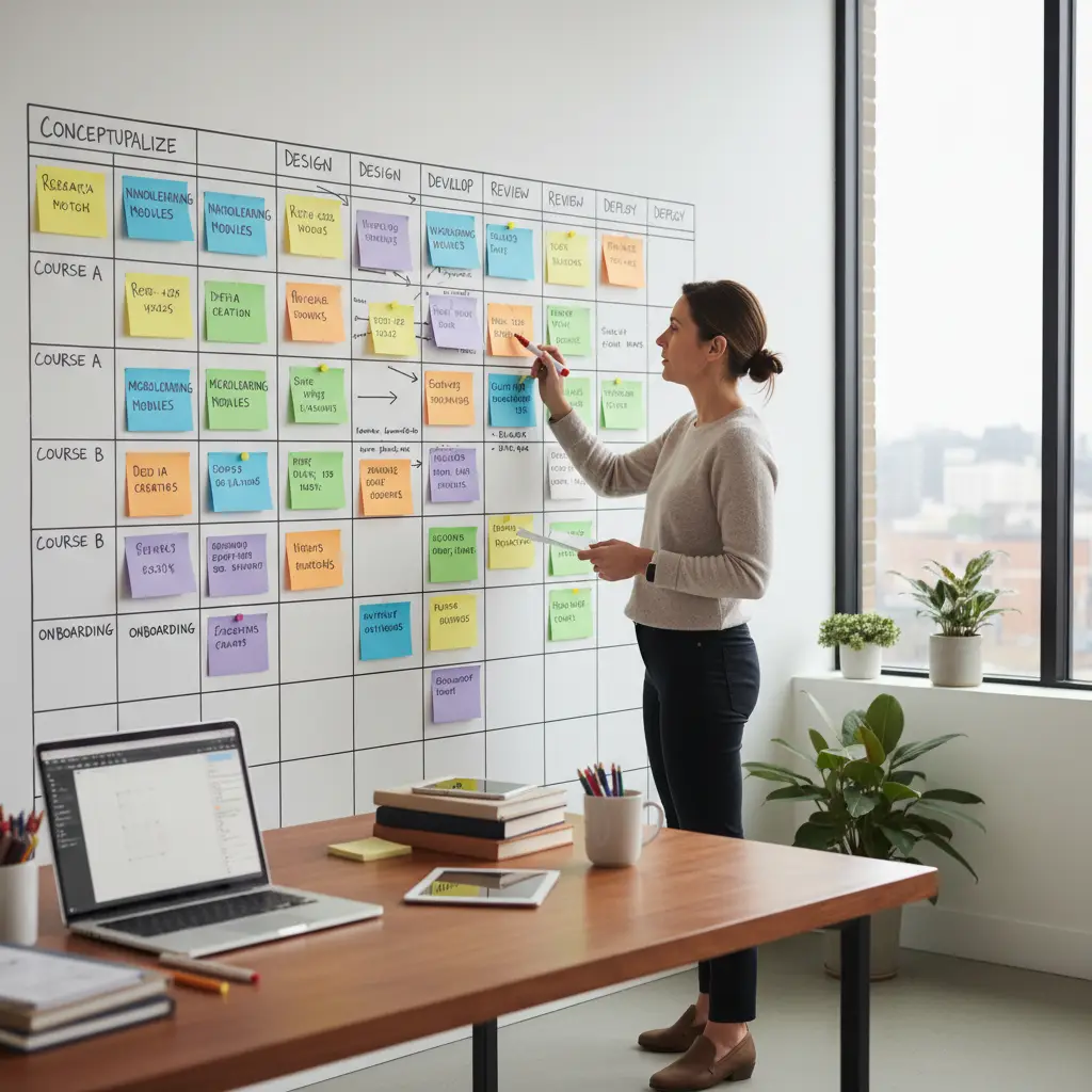 Learning designer mapping nanolearning cards and microlearning modules on a workflow board
