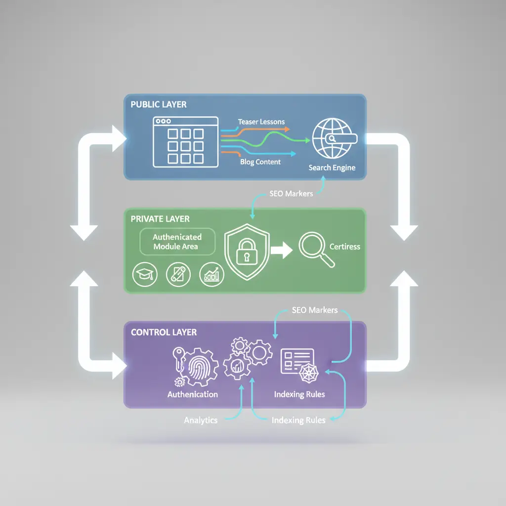 Architecture diagram with public discovery pages feeding into authenticated private learning modules