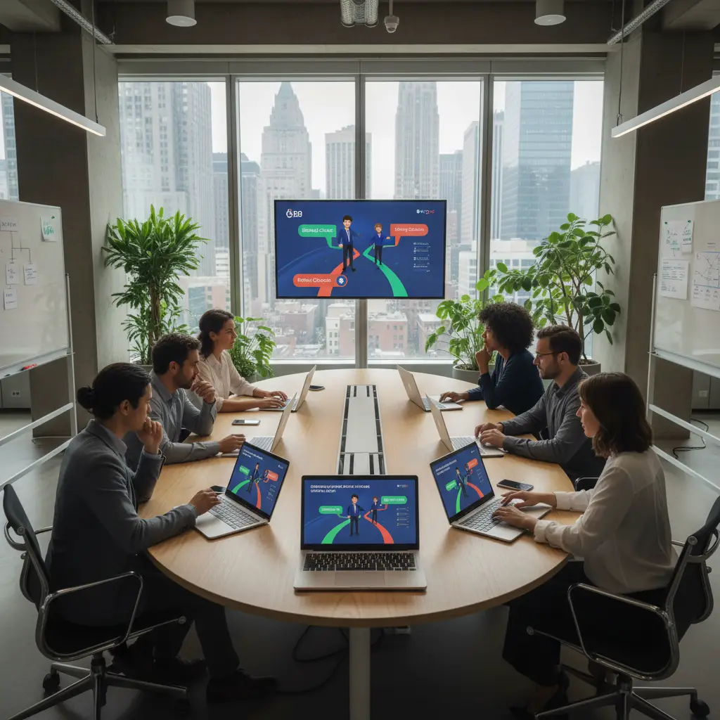Employees collaborating while watching an interactive compliance training video on laptops in a modern office setting