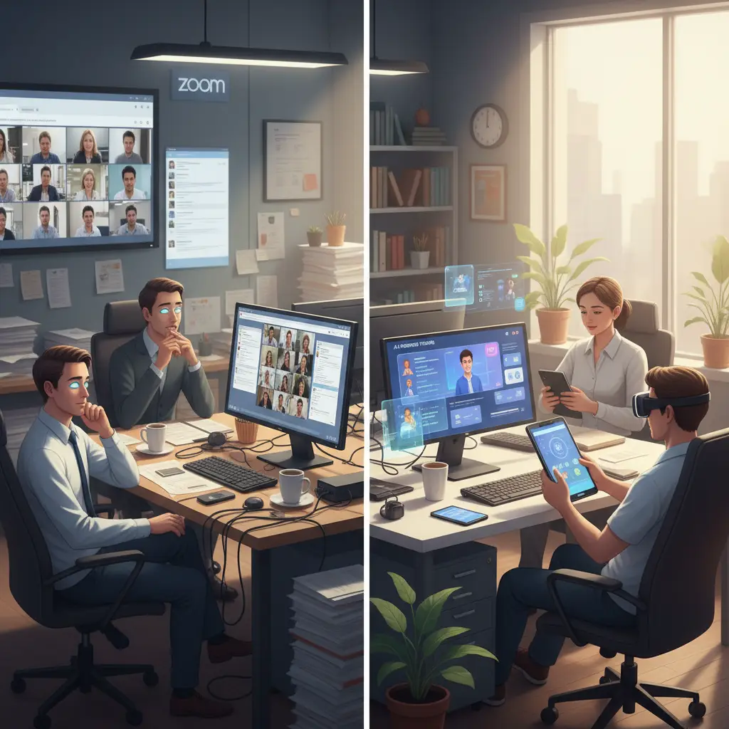 Before and after timeline showing a company's training program transformation from weekly live Zoom sessions to a library of short on-demand AI-generated videos