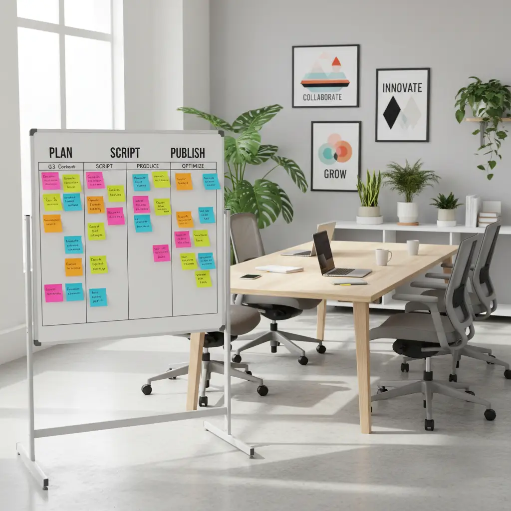 Kanban-style workflow board for a lean training video team with plan, script, produce, publish, optimize columns